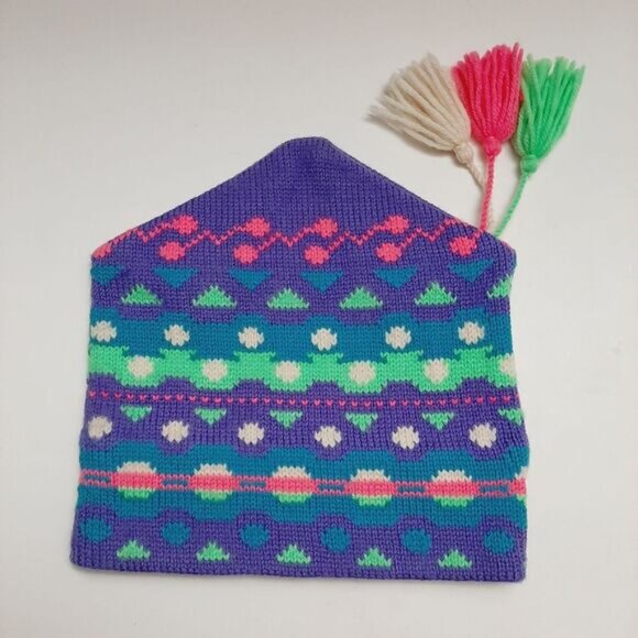 Retro 80's MURRAY MERKLEY 100% Wool Intarsia Geo Pattern Knit Beanie Hat Pom-Pom - Picture 4 of 15